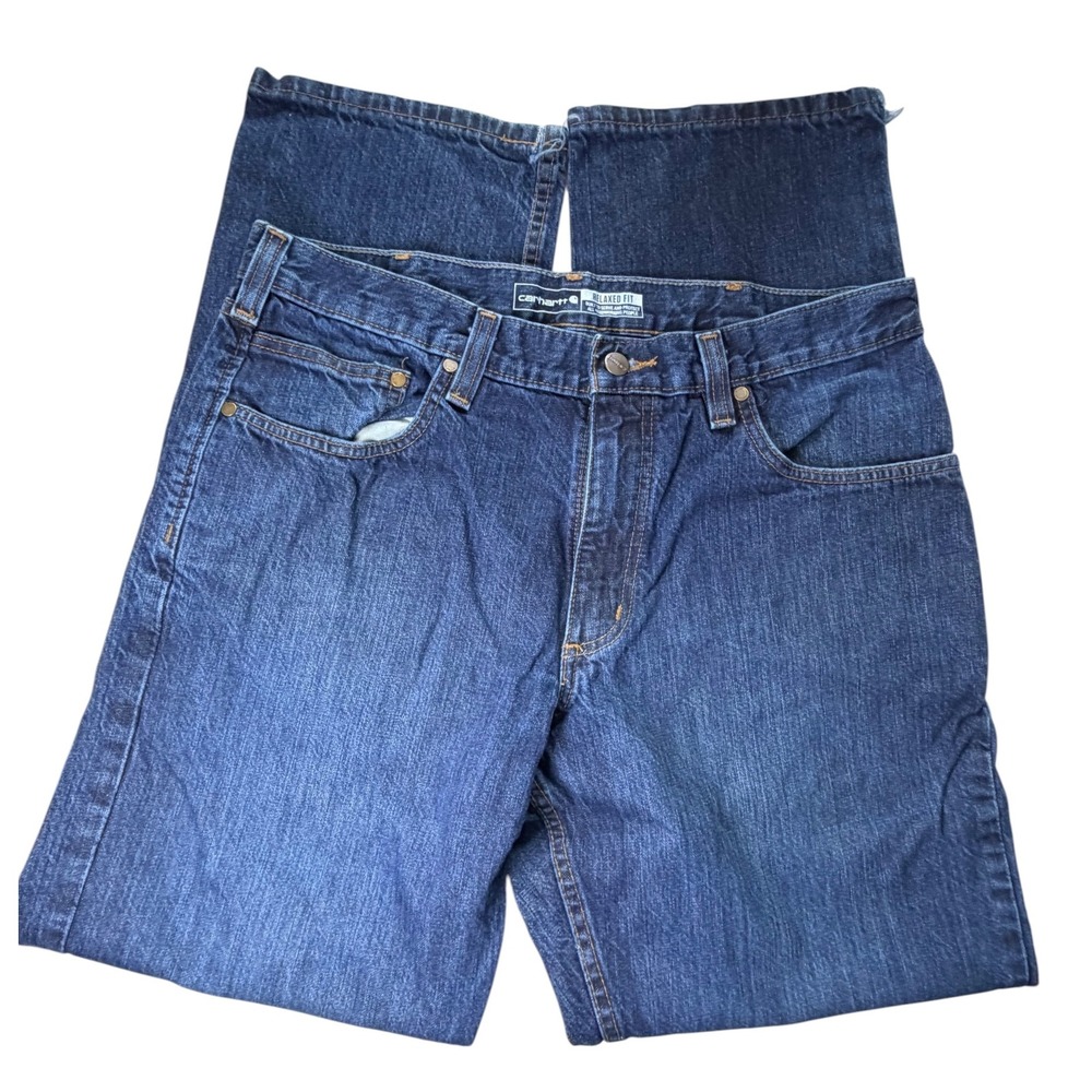Carhartt Mens Relaxed‎ Fit Straight Leg Jeans Dark Wash Blue Denim 34x32 Cut Hem